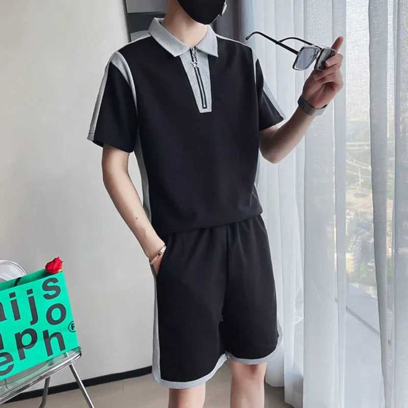 Plain weave mens T-shirt and shorts set Korean top elastic sportswear high quality new matching cool and loose mens clothing W241104