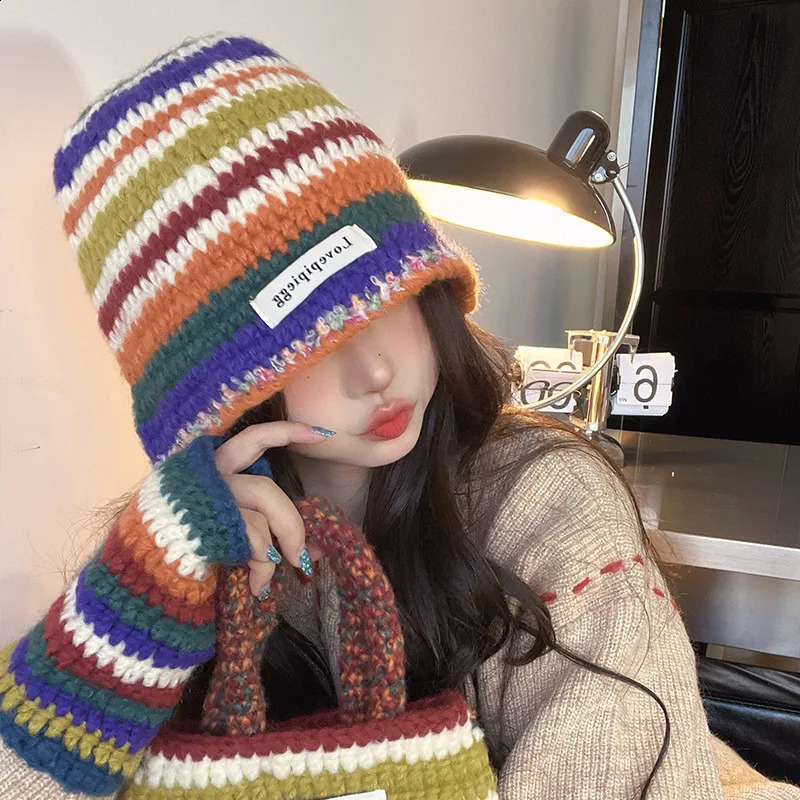 3 in 1 Rainbow Striped Knitted Hat Gloves Bags Warm Woolen Crochet Bucket 241105