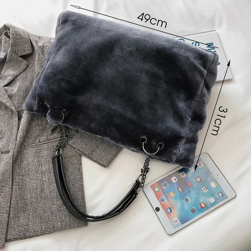 HISUELY Faux Fur Tote Bag Winter Plush Women Shoulder Bag Casual Lady Handbag Female Chain Larger Capacity Travel Shopping Bag 241104