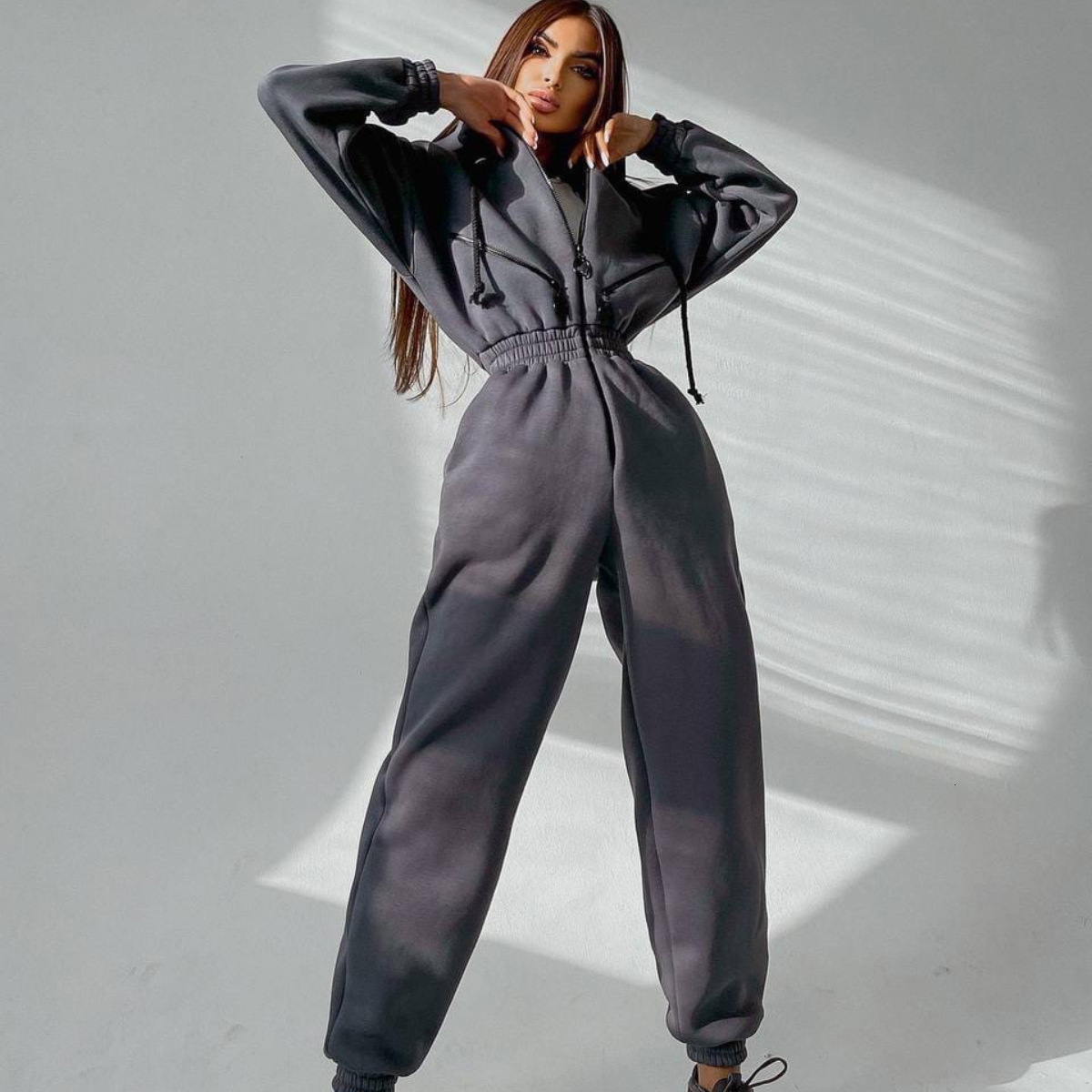 Autumn And Winter New Casual Women's Jumpsuit Solid Color Long-Sleeved Hooded Sportswear Zipper Tracuit For Female Tracuit