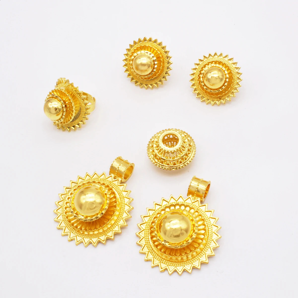 African wedding gold color jewelry sets for women Dubai bridal party gifts round pendant rope necklace bracelet earring ring set 241105