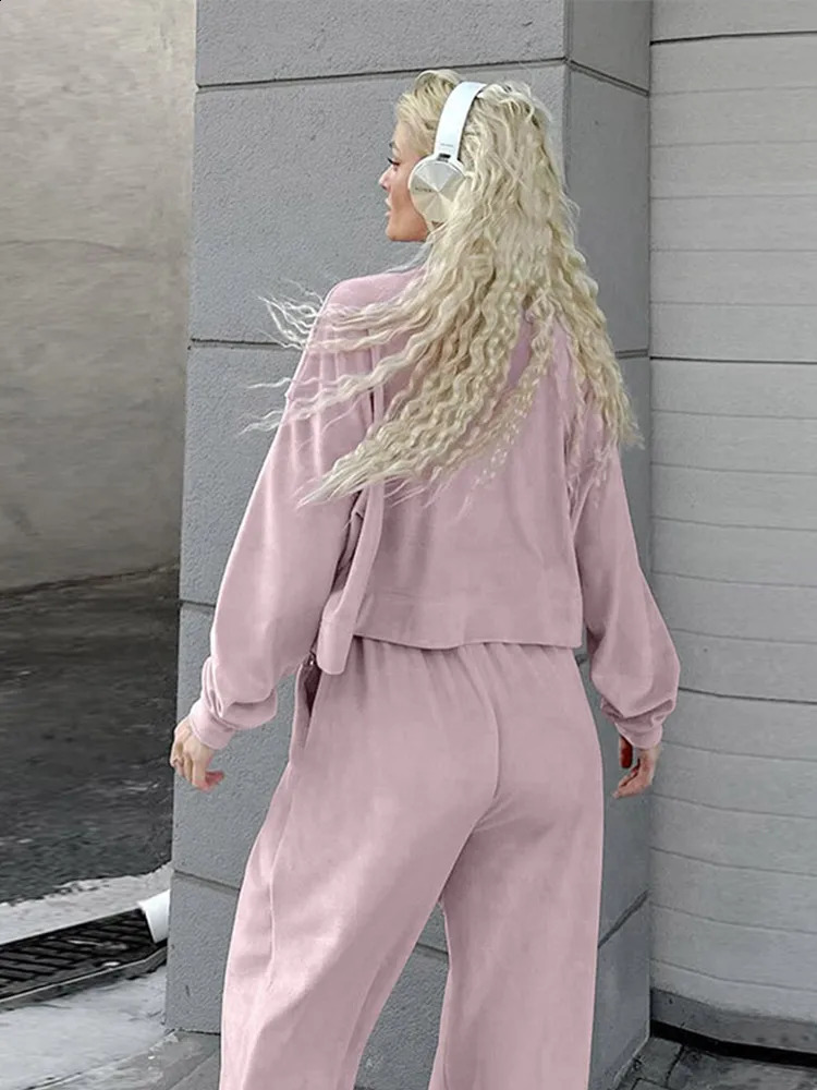 Loose Velvet Womens Sets Elegant Lapel Long Sleeve Zipper Coats High Waist Wide Leg Pant Suit 2024 Autumn Casual Commute Outfit 241105