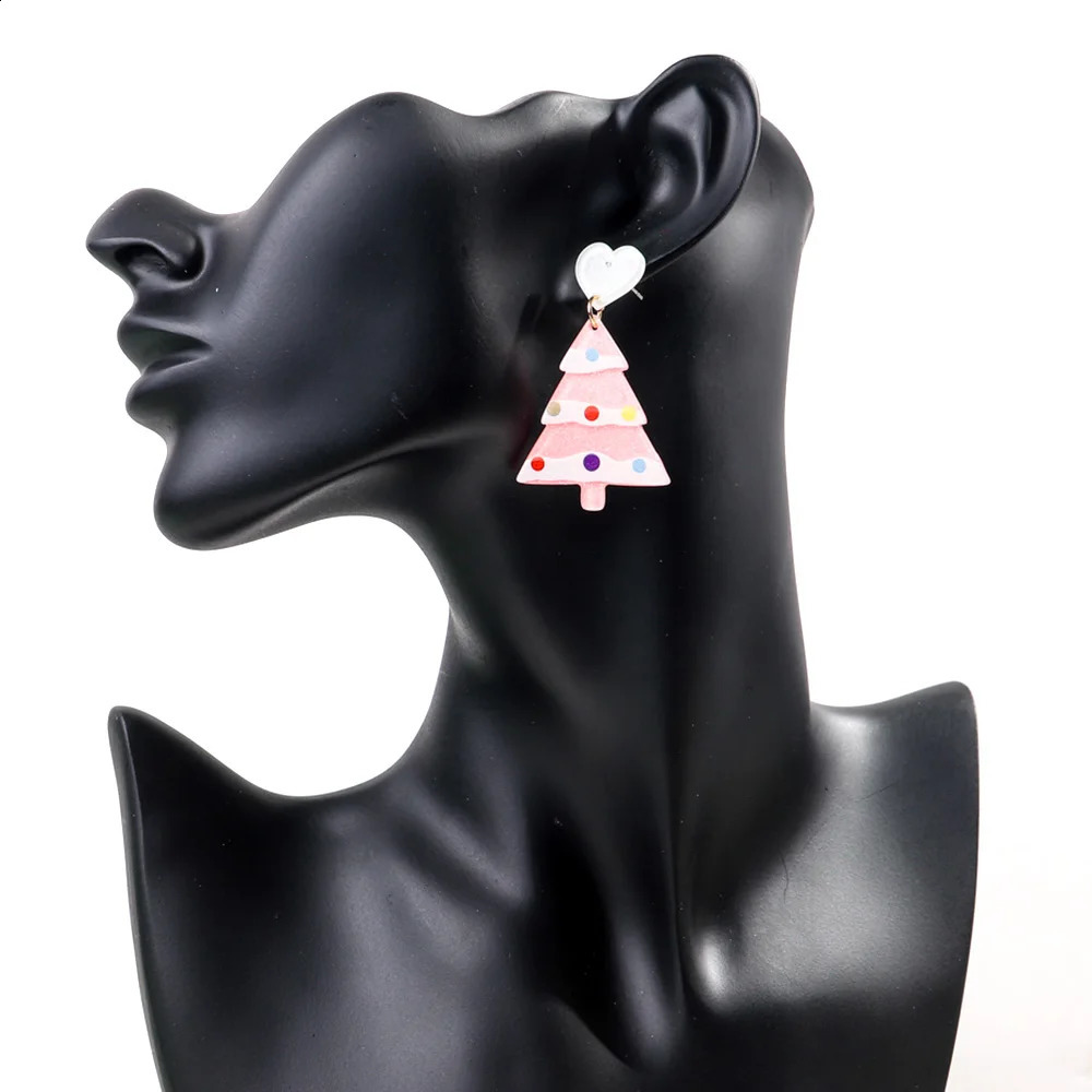 Pink Glitter Christmas Tree Acrylic Earrings for Women Girls Cute Sweet Plant Geometric Long Dangle Earring Party Jewelry 241105