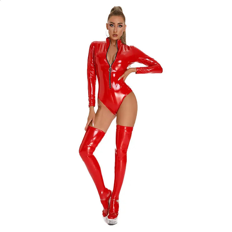 Women Sexy Long Sleeves Leather Bodysuit Erotic Lingerie Crotchless Catsuit Front Zip Glossy Latex Bodycon Clothing 241105