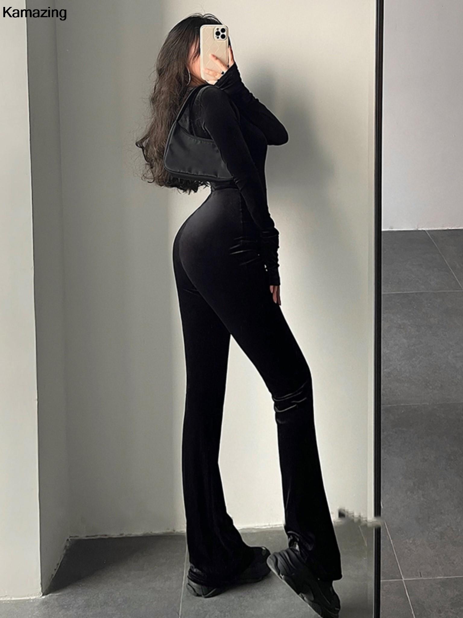Autumn Sexy Bodycon Black Veet Jumpsuit Women Fashion Hooded Zipper Flare Pants Rompers Vintage Y2k Streetwear Winter Outfits