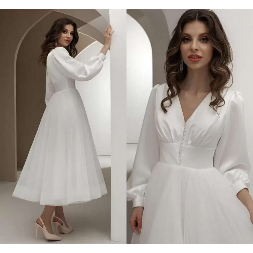 Poet Sleeves Long Wedding Dresses Simple Boho Beach Bridal Gown Satin Tea Length V Neck Custom Made Plus Size Vestidos De Novia Estidos