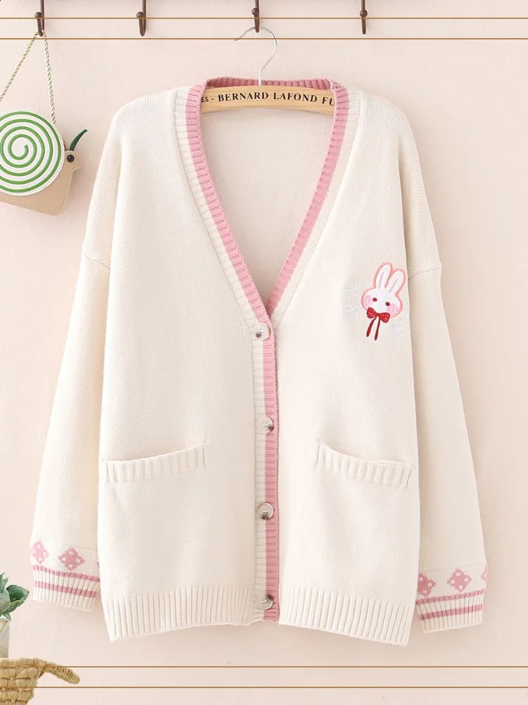 Autumn Korean Mori Girl Sweet Sweater Lolita Cute Bunny Embroidery Knitted Top Japanese Women Long Sleeve Cardigan Coat Knitwear 241105