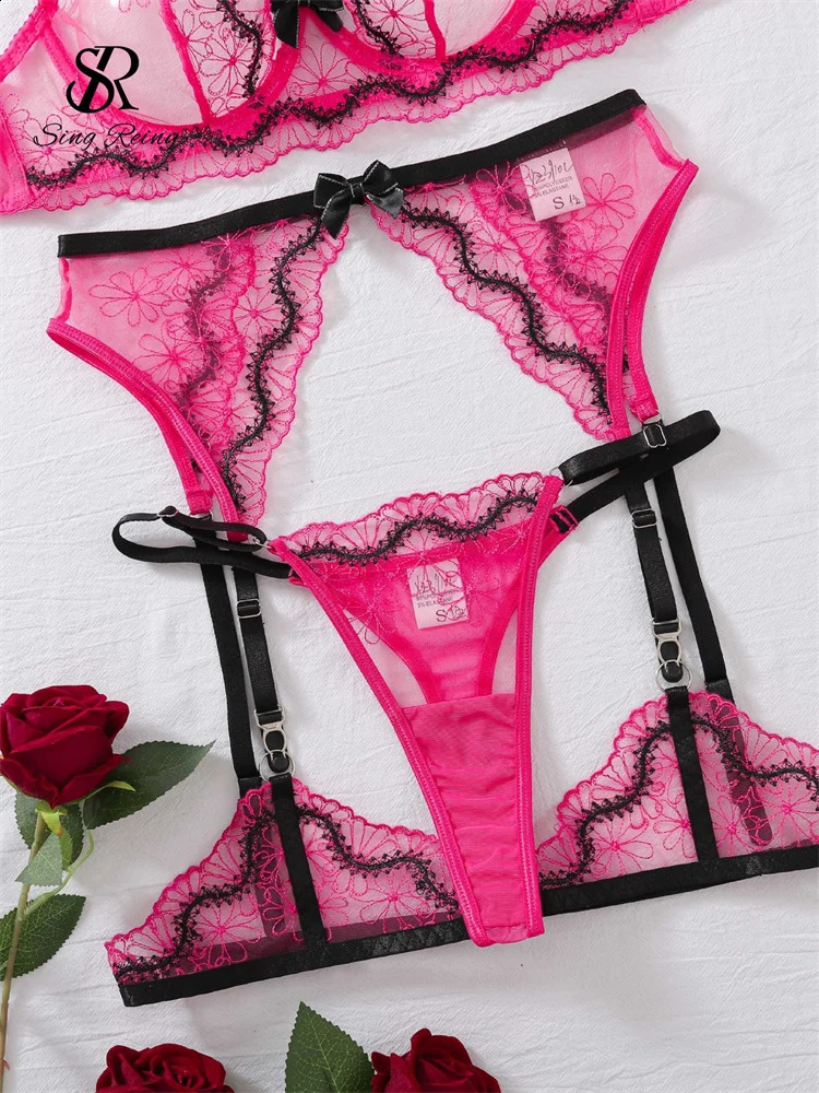 SINGREINY Fashion Embroidery Porno Bra Suits Ladies Transparent Garter Sheath Sleepwear Women Sheer Club Slim Underwear Sets 241105
