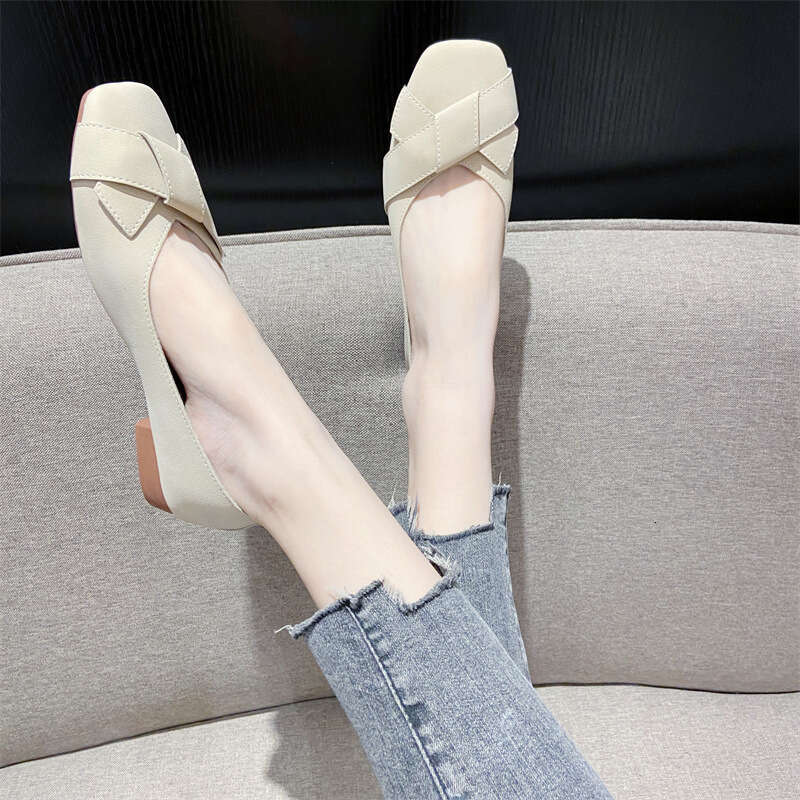 Short Heeled For Women 2023 Summer New Style Square Toe Shallow Mouth Grandma Thick Follow-Up Versatile Women's Soft Soled Shoes