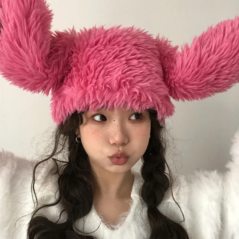 Y2k Rabbit Ears Plush Hats Cute Girls Winter Beanie Pullover Cap Women Lolita Thickened Warm Funny Party Pography Fleece 241105
