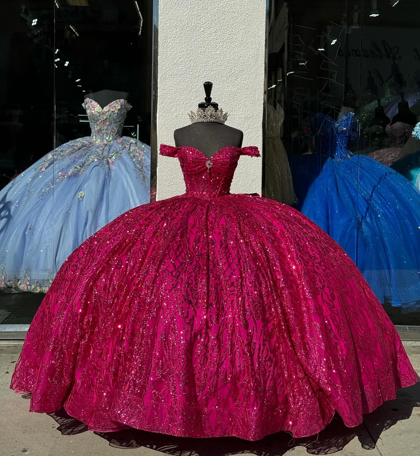 Fabulous fuchsia princess quinceanera dresses sparkly prom ball gown off shoulder glitter sequins diamond vestido de quinceanera bow 15 Masquerade Dre