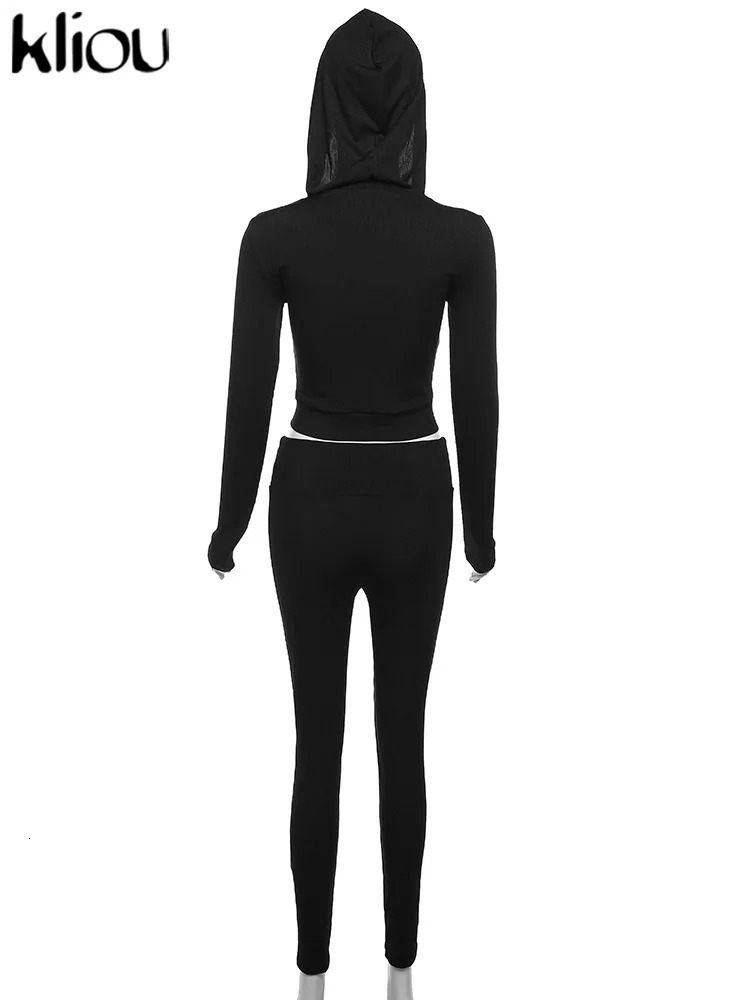kliou Basic Concise Two Piece Set Women Casual Hooded Zip-up Slim TopsMatching Solid Pants Female Autumn Coordinate Outfits 241104