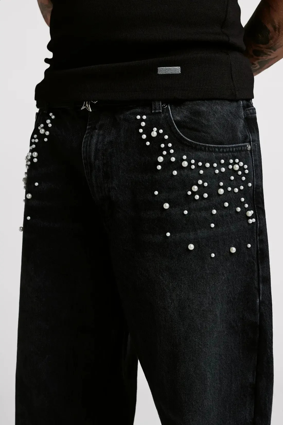 Y2K Men Women Straight Leg Wide Pants Retro Pearl Jewelry Embroidery Baggy Jeans High Street Washed Blue Denim Trousers 241105