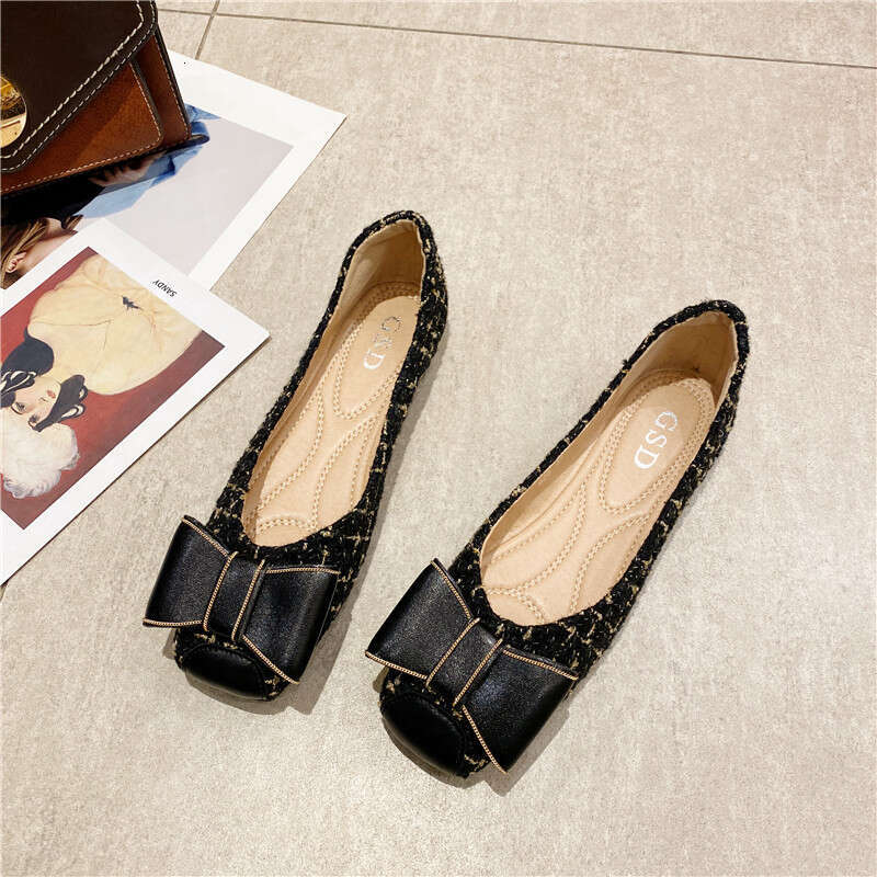 Korean Version Single Shoe 2023 Summer New Women's Flat Bow Shallow Mouth Square Toe Shoes Apricot Cloth Surface