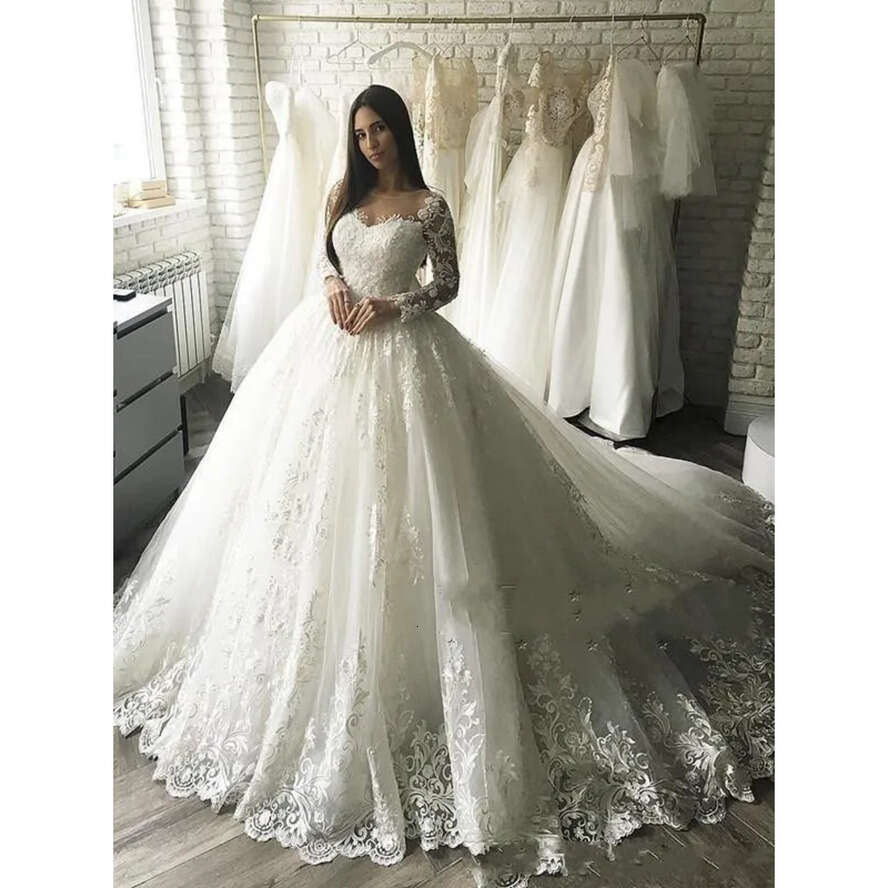 A E Elegant Wedding Dresses Ball Gown Sheer Neck Lace Appliques Long Sleeves Button And Corset Back Tulle Court Train Bridal Gowns ppliques nd s