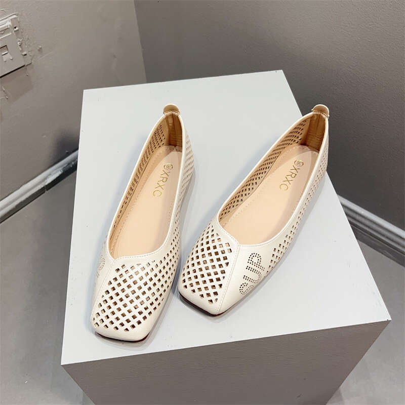 Wind Hollow Square Toe Flat Single Summer Korean Version New Versatile Soft Sole Scoop Shoes Breathable Hole Sandals For Women
