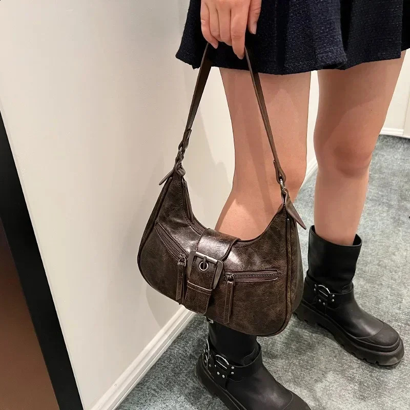 Retro Belt PU Womens Leather Shoulder Bag Y2K Small Retro Womens Underwear Horizontal Bag Fashion Handbag 241105