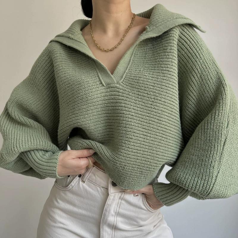 2024 Fall Women's Loose Knit Sweater Female Solid Color Casual Wear Lady Winter Monochromatic Large Size Lapel Knitted Clothing
