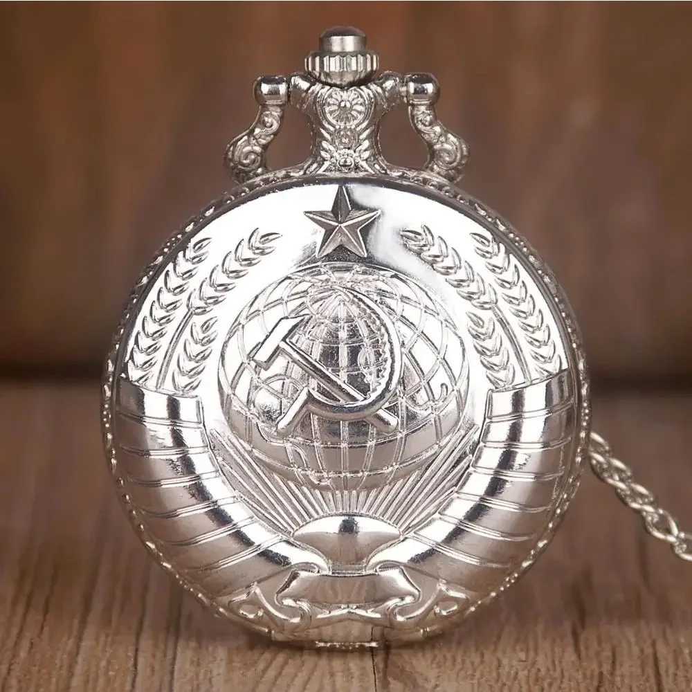 Vintage USSR Soviet Badges Sickle Hammer Pocket Watch Necklace Bronze Pendant Chain Clock Fashion Emblem Women Men GiftX241104