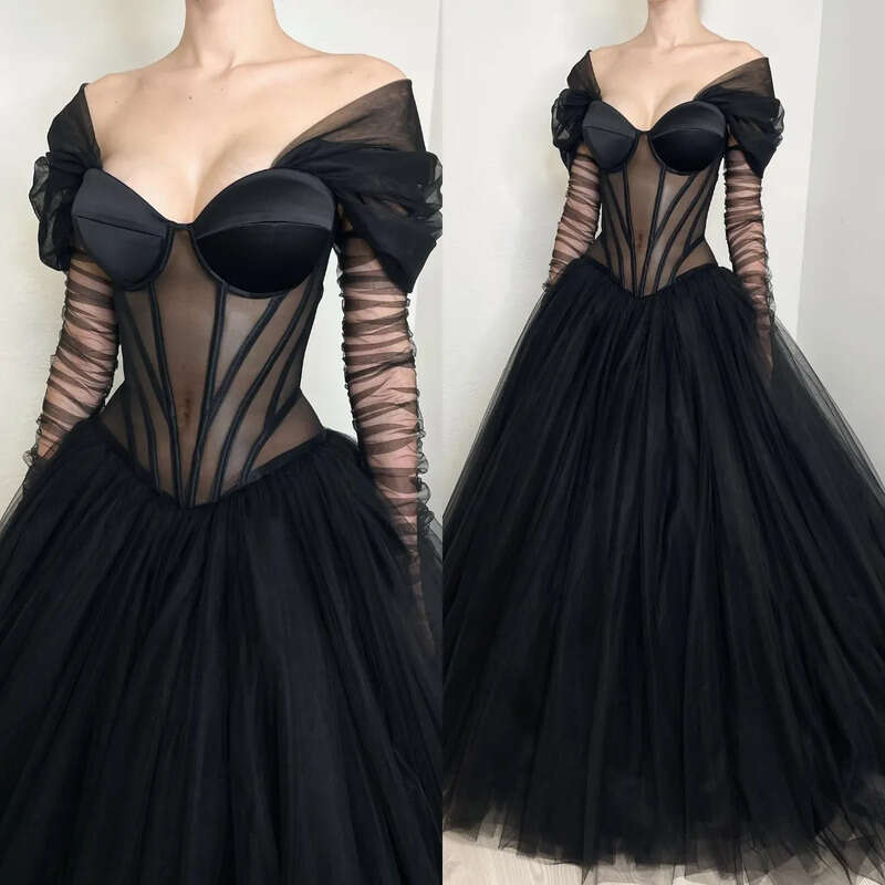 Elegant A E Gothic Illusion Long Sleeves Boho Dresses Bridal Gowns Bone Bodice Tulle Country Black Wedding Dress legant