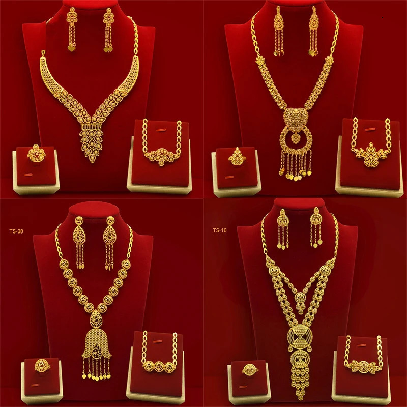 Dubai Gold Bracelet Necklace Earrings 4-piece Set for Women 24K Gold Plated Bracelet Charm Wedding Jewelry241105