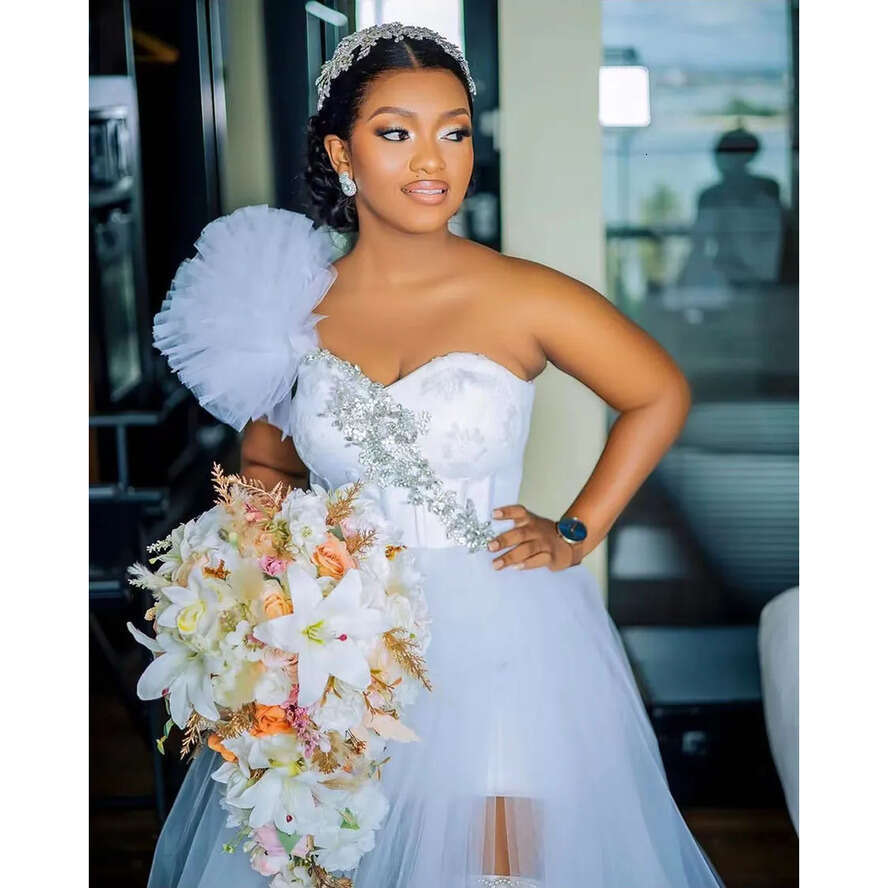 Ebi Arabic Aso White Bride Robes For Wedding Sweet Hear Tlong Sleeve A E Tulle Lace Ruffles African Women Bridal Shower Dresses Morning Robe Frican