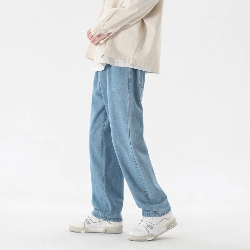 Korean Fashion Mens Casual Ankle-Length Jeans Classic Man Straight Denim Wide-leg Pants Light Blue Grey Black 3XL 241105