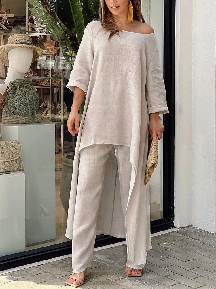 Womens Cotton Linen Long Pants Sets Fashion Solid Casual Irregular Tops Wide Leg Pant Suits Office Lady Two Piece Clothes 241105