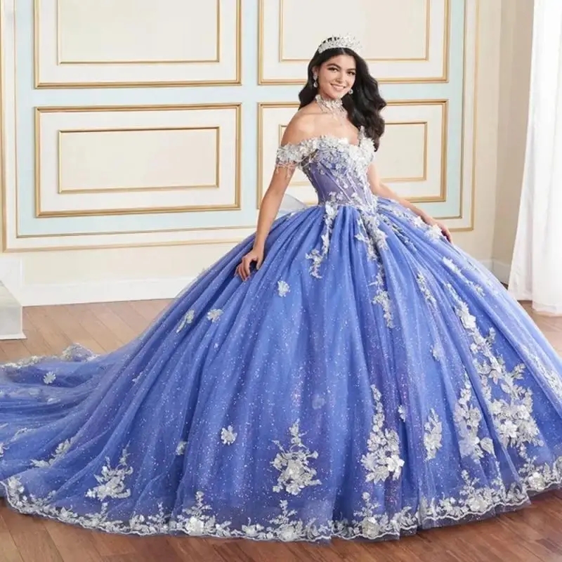 Royal Blue Sparkly Quinceanera Dresses Ball Gown Off The Shoulder 3D Flowers Applique Lace Beads Tull Corset Sweet 16 Dress Vestidos De 15 Anos