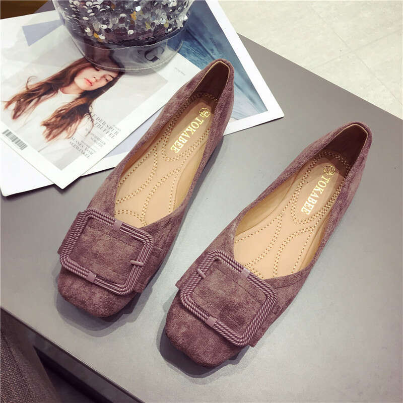 2023 Autumn New Versatile Buckle Square Toe Sole Single Suede Soft Soled Flat Heel Bean Women, Scoop Shoes For Women