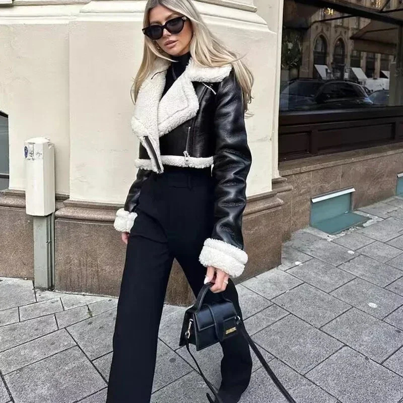 Womens Cropped Leather Jacket Coat Black Wool Blends Coats Bomber Tweed Autumn Winter and Fur Crop 241104 - view 5