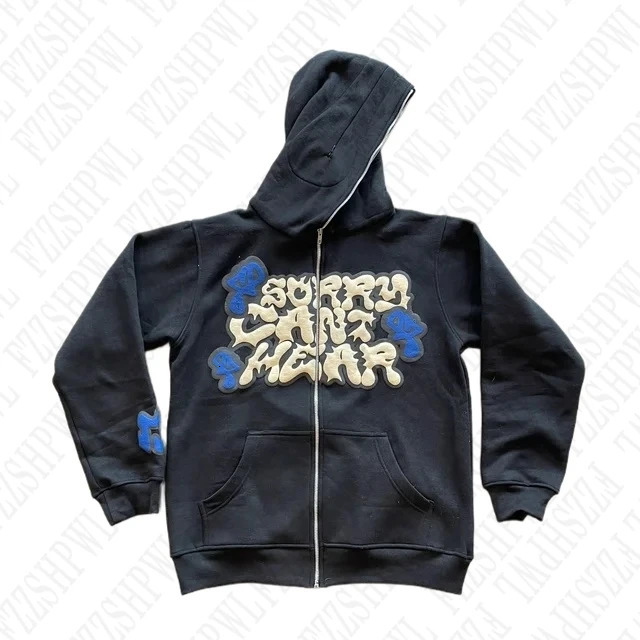 Y2k Harajuku Letter Print Coat Men Women Jacket Zip Hooded Sweatshirt Oversized Long Sleeve Zipper Top Casual Hoodies Streetwear 241104