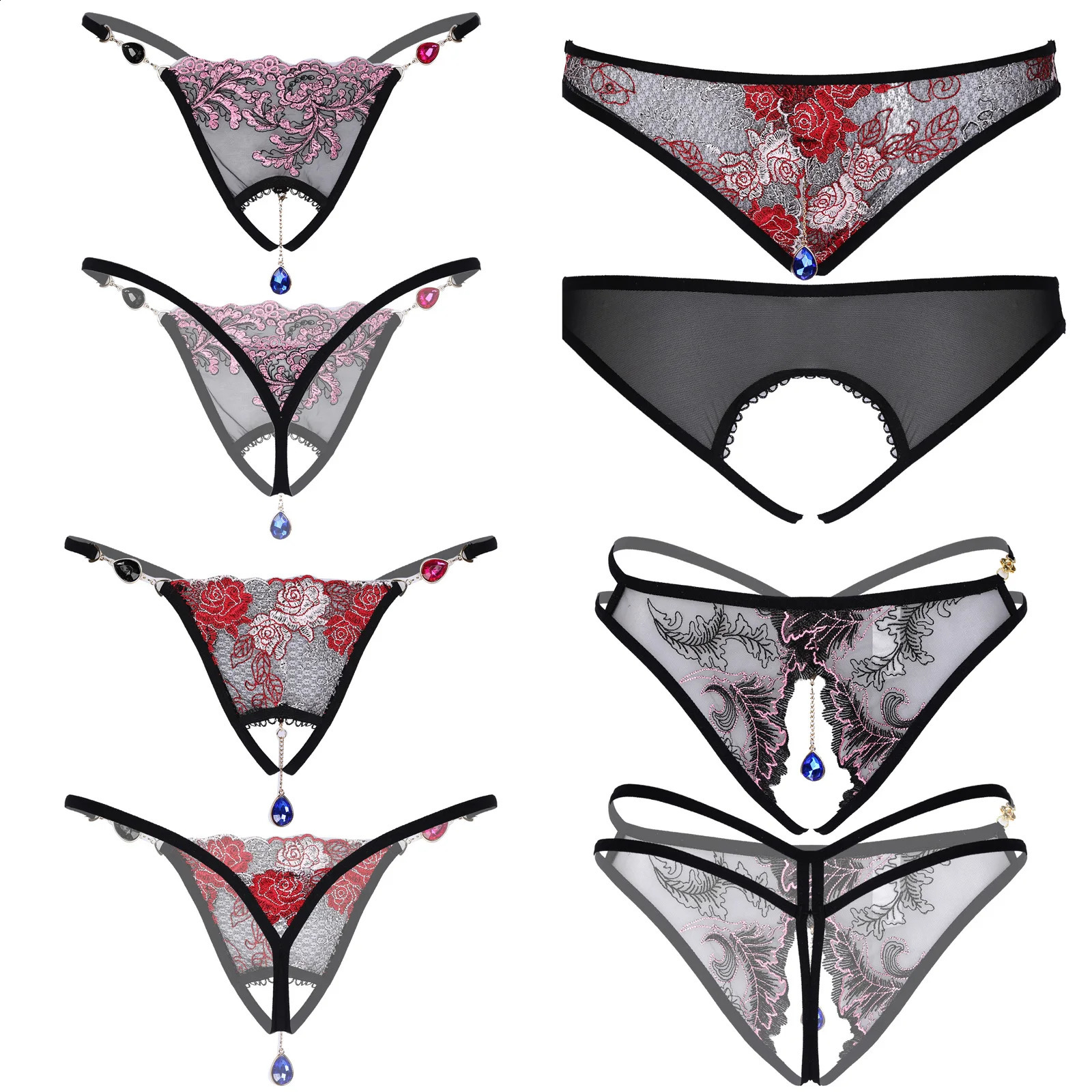 Mens Sexy Lingerie Thongs Rhinestone Pendant Flower Embroidery Underpants Open Butt Sissy Panties Jockstrap Tback Erotic Briefs 241105