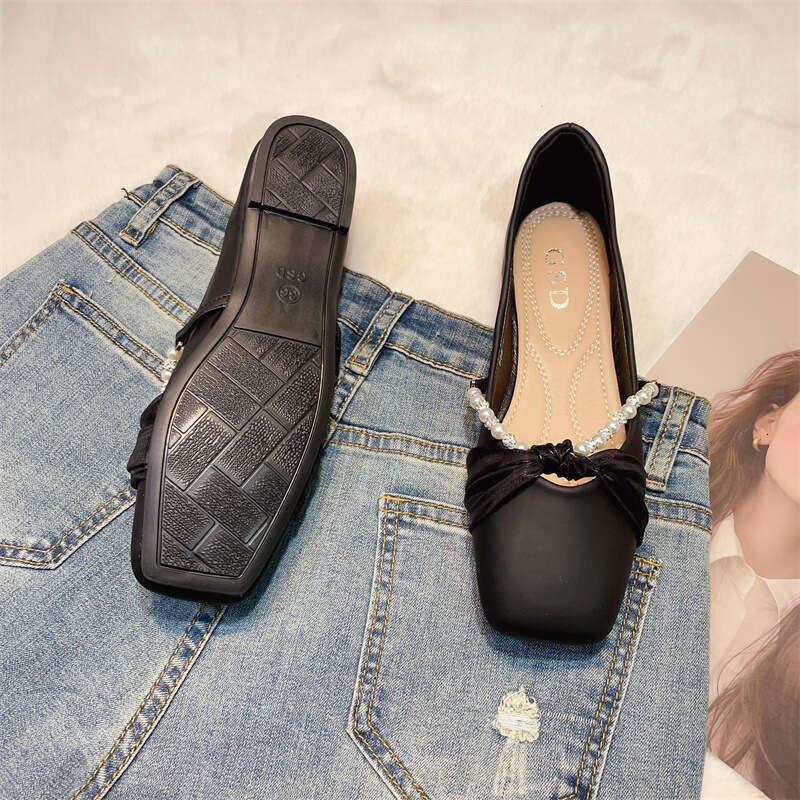 Fairy Style Evening For Women Korean Version Spring/Summer New Item Beaded Square Toe Shallow Mouth Leather Soft Sole French Women's Singles Shoe
