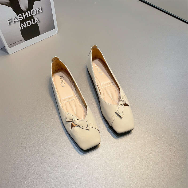 Gentle Style Shallow Mouth Single Shoe Women's Korean Version Spring And Summer New Item Bow Versatile Soft Sole Square Toe Flat Bottom French Sc
