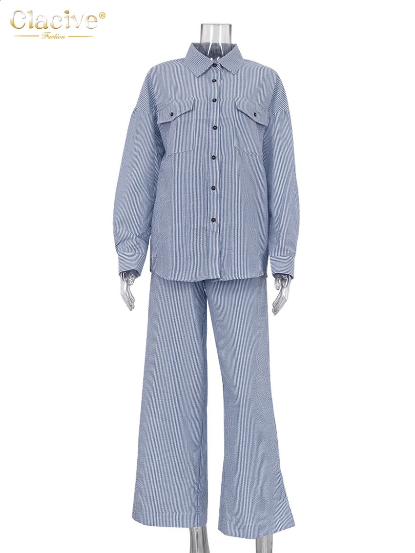 Clacive Fashion Long Sleeve Shirt 2 Piece Sets Women Outfit Casual Loose Print Pants Set Elegant High Waist Wide Trousers Suits 241105