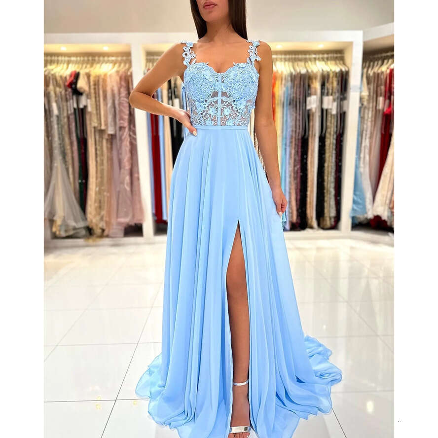 Baby Blue A E Prom Bridesmaids Dress Lace Straps Party Gowns Thigh Split Pleats Chiffon Bridesmaid Dresses For Special Ocns