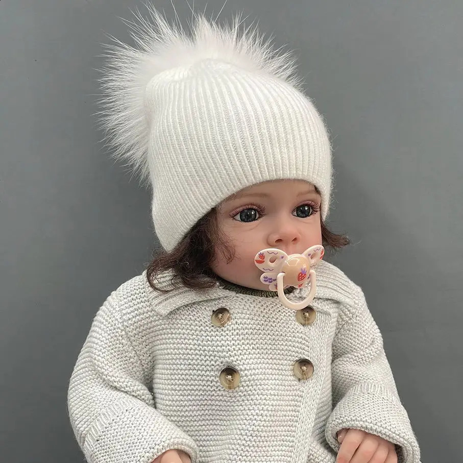 MISS KANEFUR born Knitted Hat Soft and Warm Angora Childrens Boys and Girls Fur Pom Hat Cute Baby Bear Childrens Hat 241105