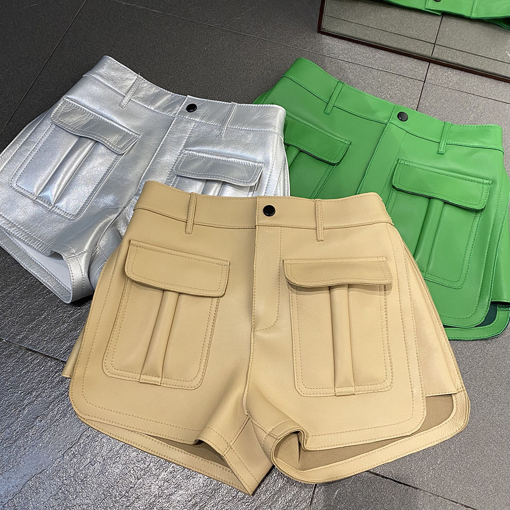 Yoloagain Women's Real Sheepskin Leather Shorts Autumn 2024