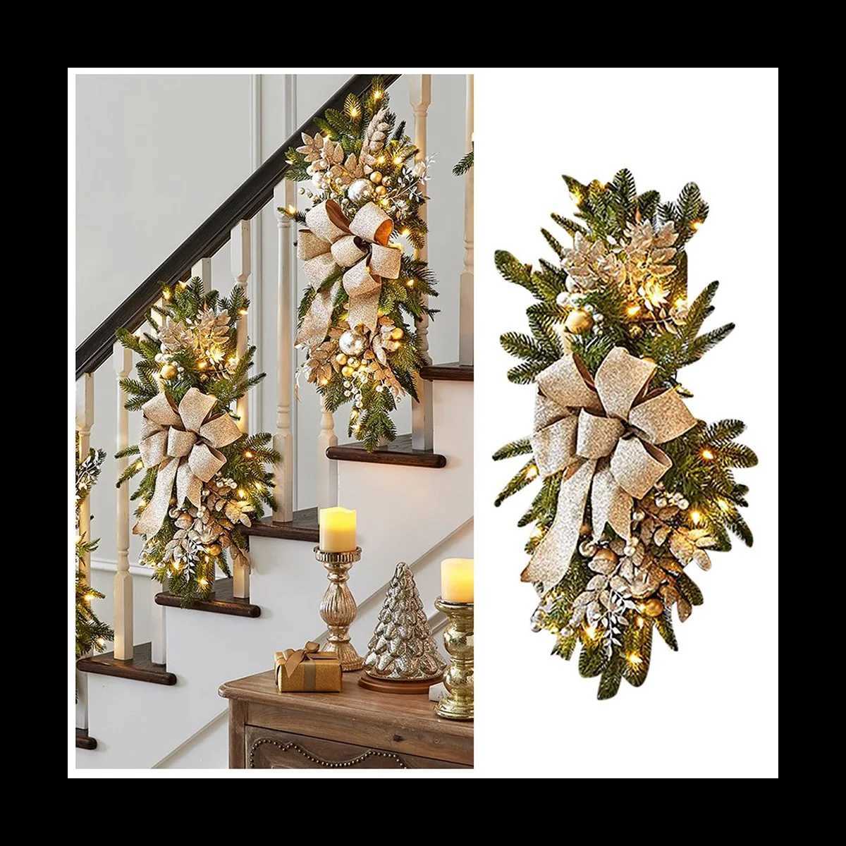 Christmas Swag Stair Christmas Garland for Stairs Door Fireplace Window Outdoor Indoor Christmas Decor GoldXJ241029