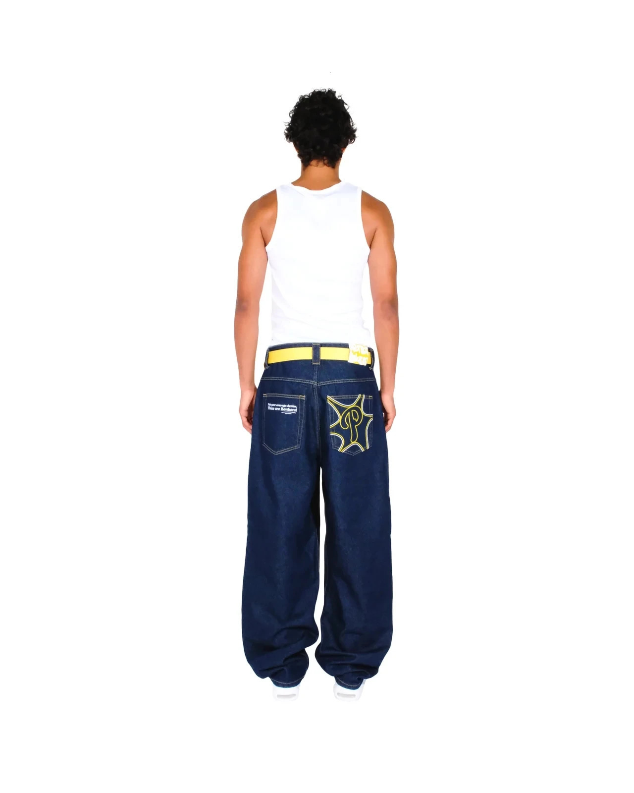 Streetwear PROTECT Jeans Y2K Mens Pants Harajuku Hip Hop Letter Embroidery Vintage Blue Baggy High Waist Wide Leg Trouser 241104