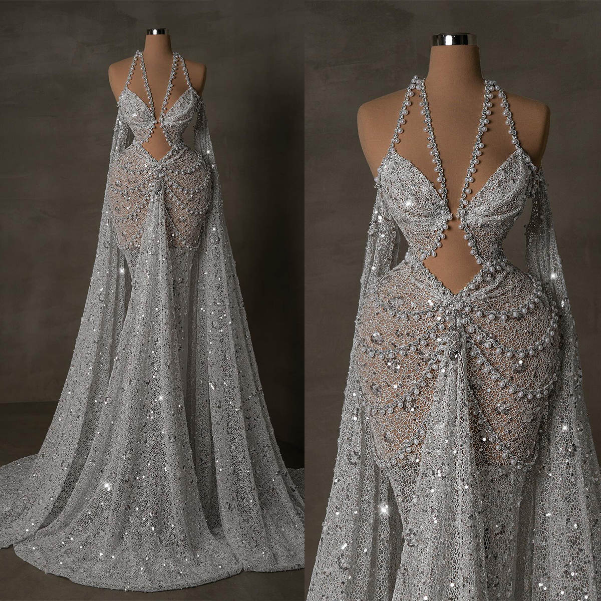 Exquisite Mermaid Wedding Dress With Veil Beaded Pearls Halter Neck Bride Gowns Sweep Train Bridal Dresses Customized