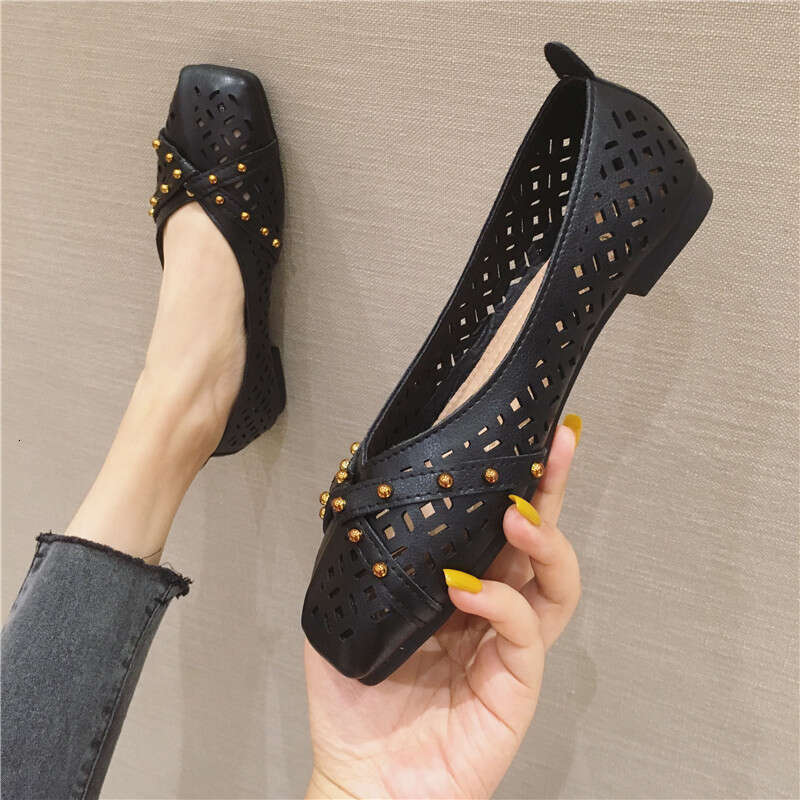 Korean Version Gentle And Versatile Square Toe Shallow Cut Hollow Breathable Sole Flat Heel For Women, Bean Shoes, Summer Soft Soled Ladybird Shoes