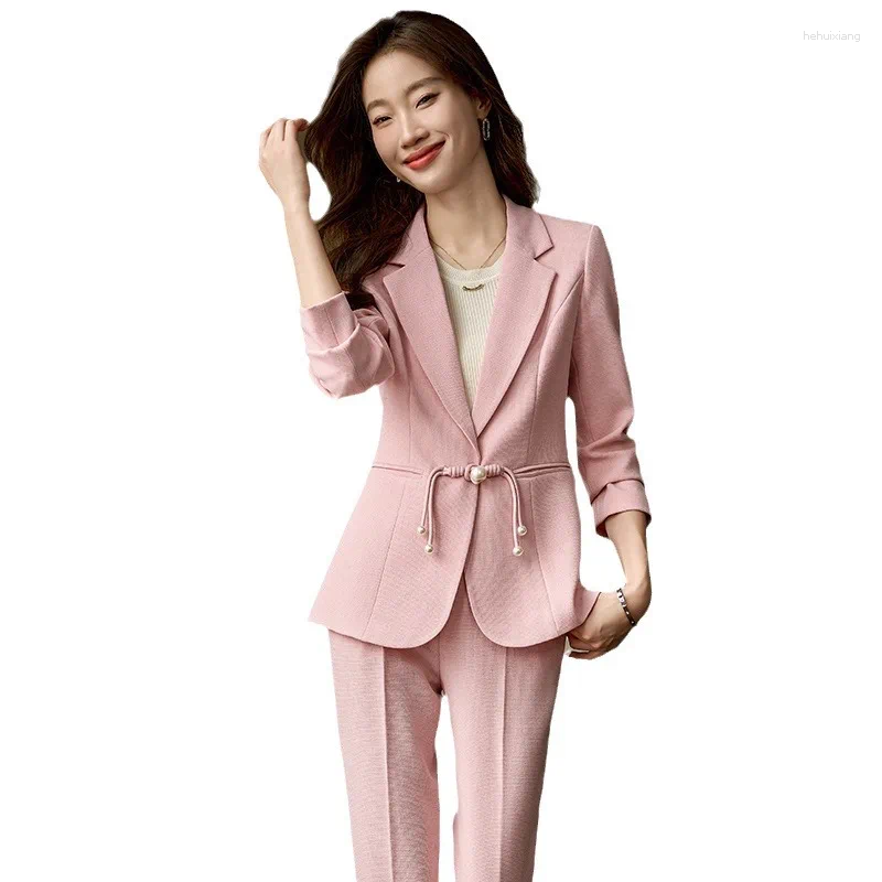 Chinese Style 2-Piece Women's Pants Suit, Elegant Buckle Overalls For Business Or Casual Wear