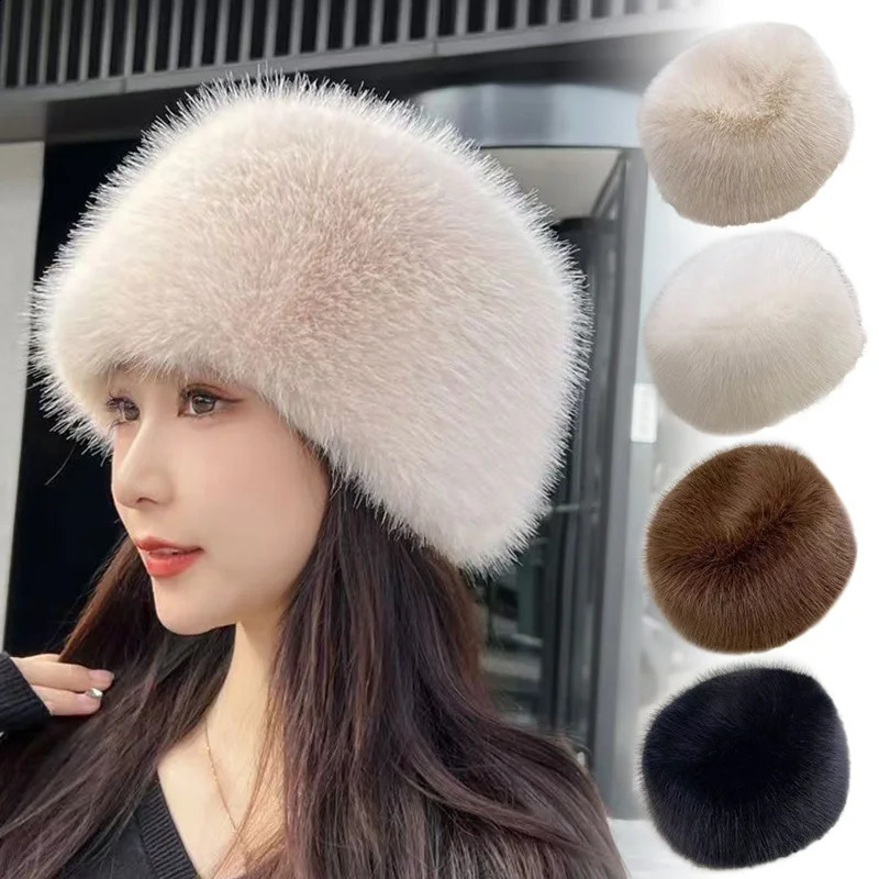 1pc Winter Warm Fur Plush Hats Ear Protection Thick Womens Fashion Bucket Hat For Skiing Faux Fox Mongolian 241105