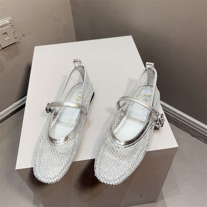 French Silver Mary Jane Shoes Women's Korean Version New Summer Flat Sole Single Shoe Shallow Mouth Mesh With Skirt Hollow Sandals