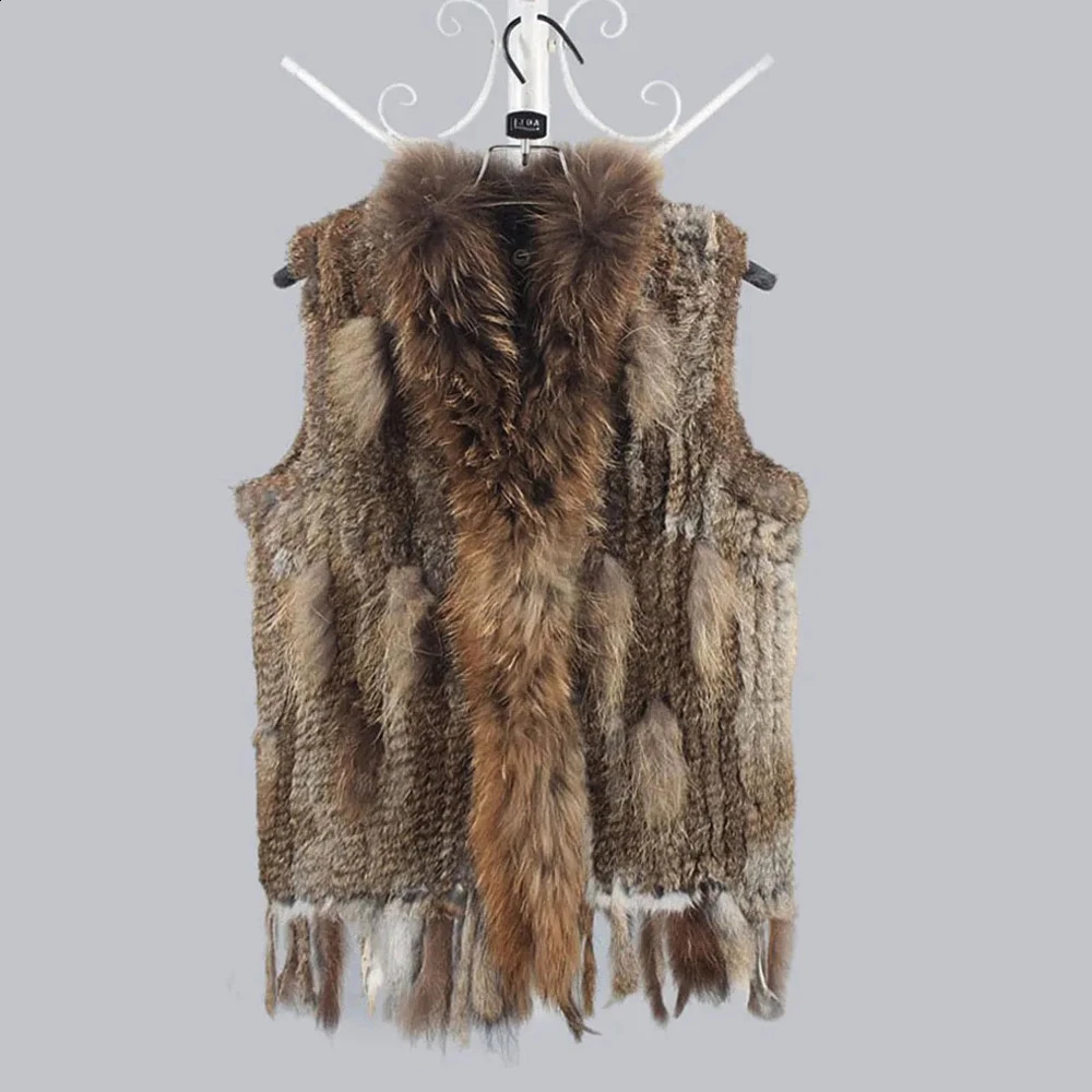 Women 100%Natural Real Rabbit Fur Vest Tassels Knitted Genuine Fur Waistcoat Lady Fashion Raccoon Fur Collar Outerwear 241105