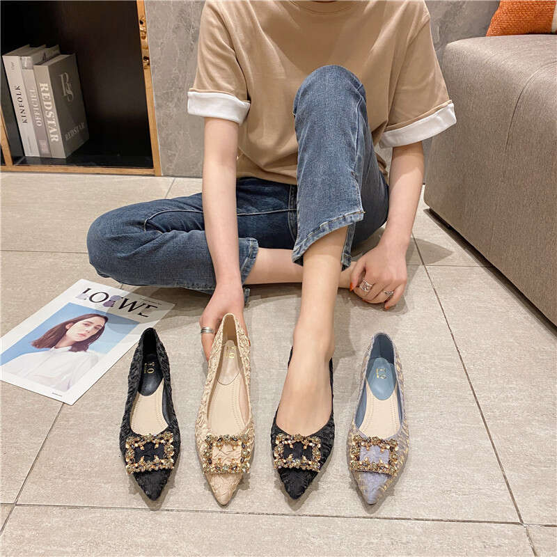 Single Hoe 2023 Pring/Ummer New Item, Veratile For Ladie, With A Thick Heel And Pointed Temperament. Metal Rhinetone Hallow Mouth Mid Heeled Women