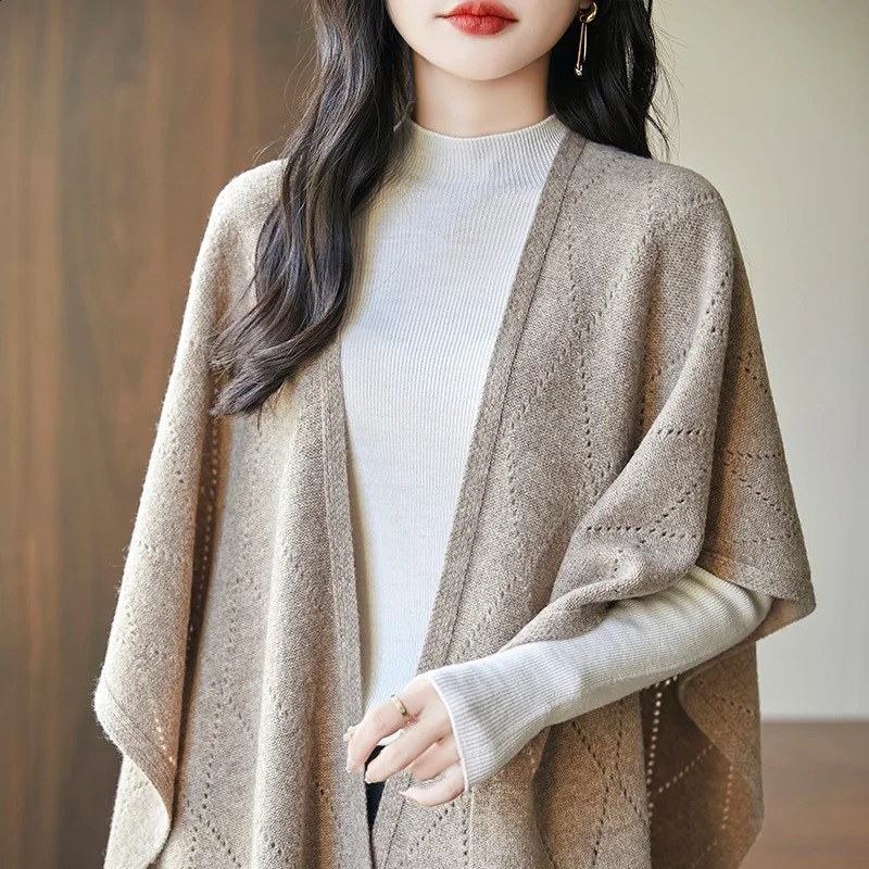 autumn and winter womens 100% merino wool cashmere sweater casual knitted solid color shawl fashion coat 241105