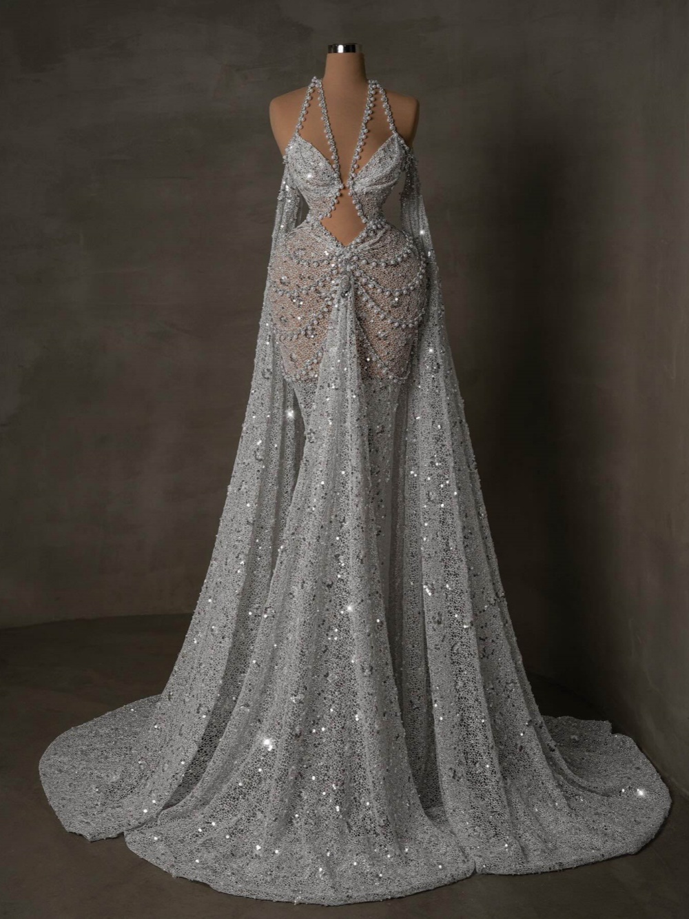 Exquisite Mermaid Wedding Dress With Veil Beaded Pearls Halter Neck Bride Gowns Sweep Train Bridal Dresses Customized